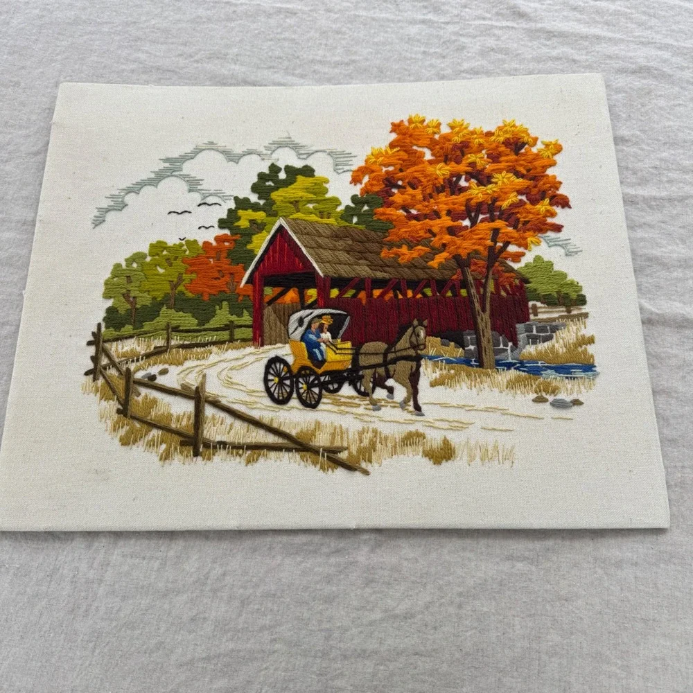 Vintage Sunset Designs Crewel Embroidery 16x20 Fall Trees Covered Bridge Haitian
